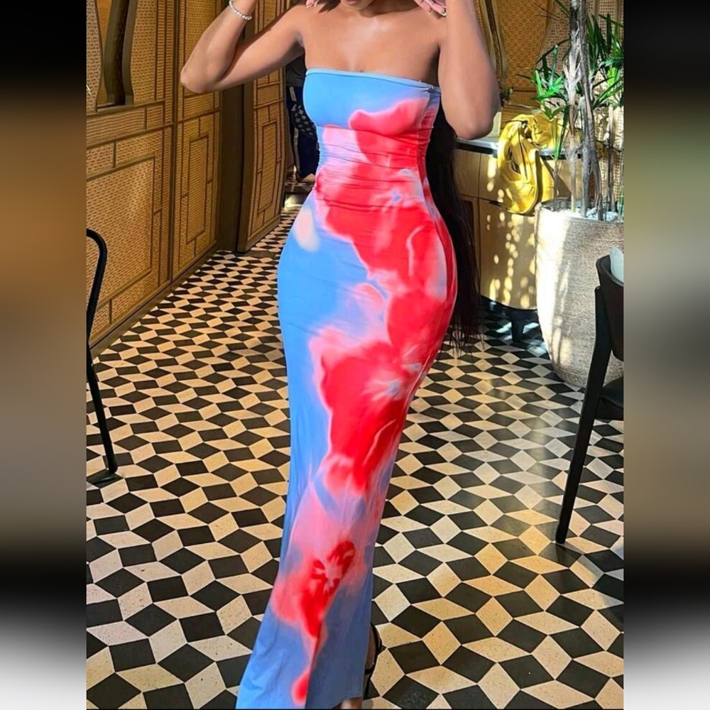 Women Random Printing Bandeau Dress - Picture 1 of 5